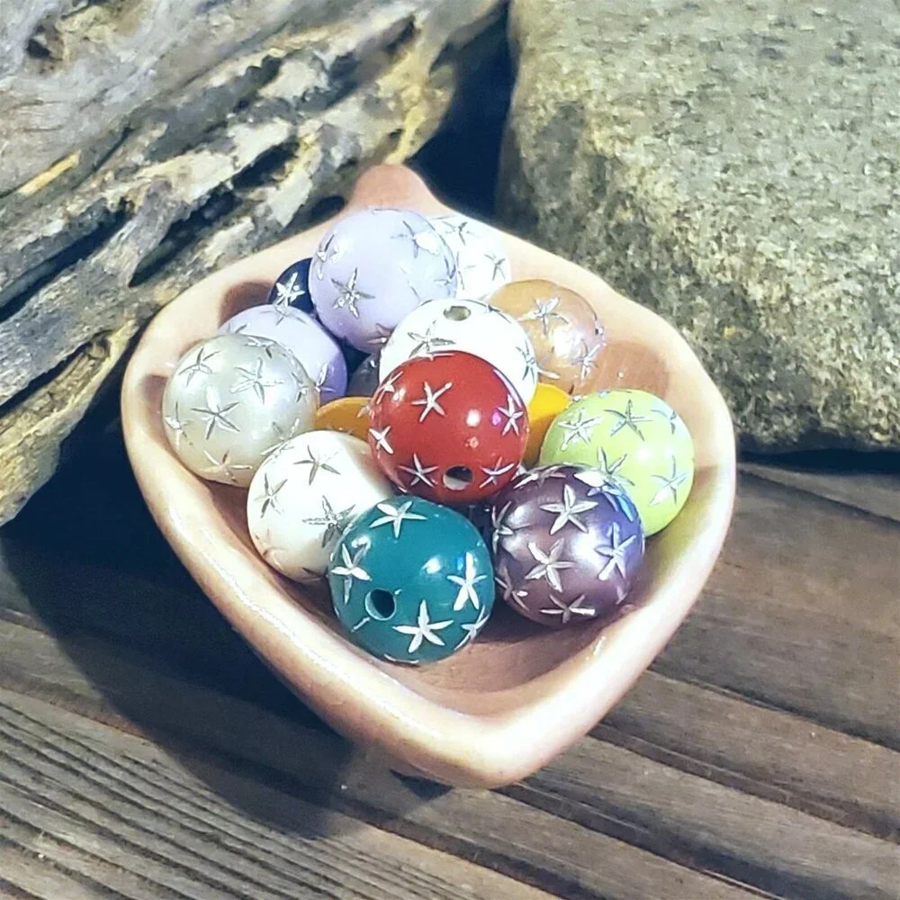 Mixed Colors Vintage Retro Silver Stars 12mm Round Acrylic Shabby Beads 10 pcs